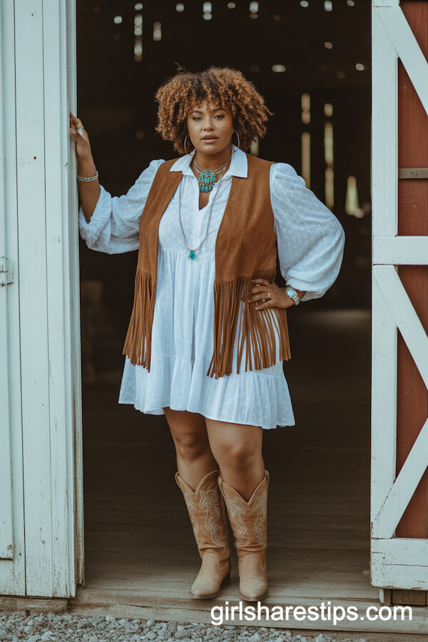 Flowy Boho Dress with Suede Fringe Vest and Western Boots