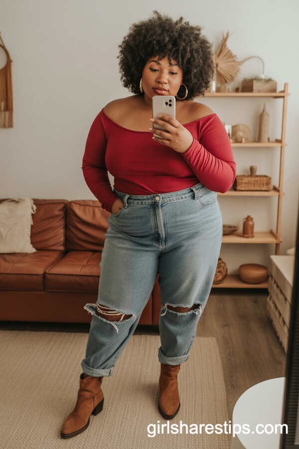 Red Off-Shoulder Top with High-Waisted Ripped Jeans and Suede Boots