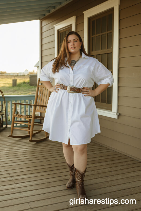 Crisp White Shirt Dress with Tooled Leather Belt and Brown Boots