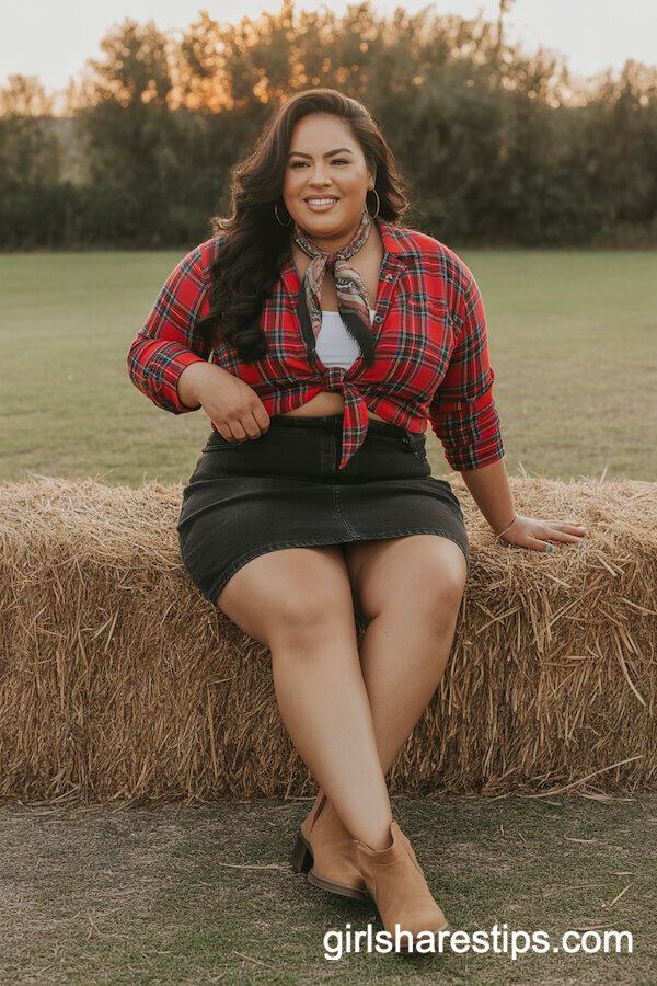 Red Plaid Tied-Front Shirt with Black Denim Mini Skirt and Ankle Boots