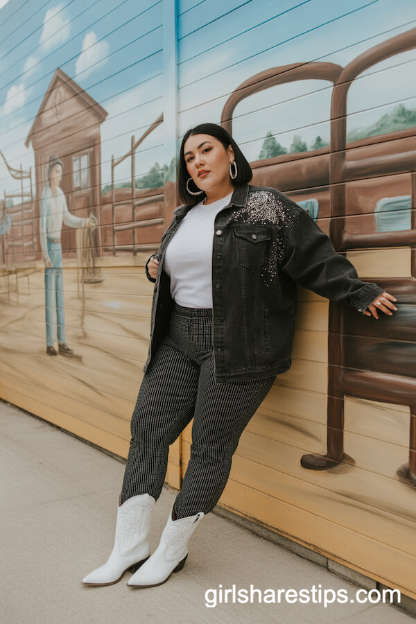 Bedazzled Black Denim Jacket with Sparkle Trousers and White Cowboy Boots