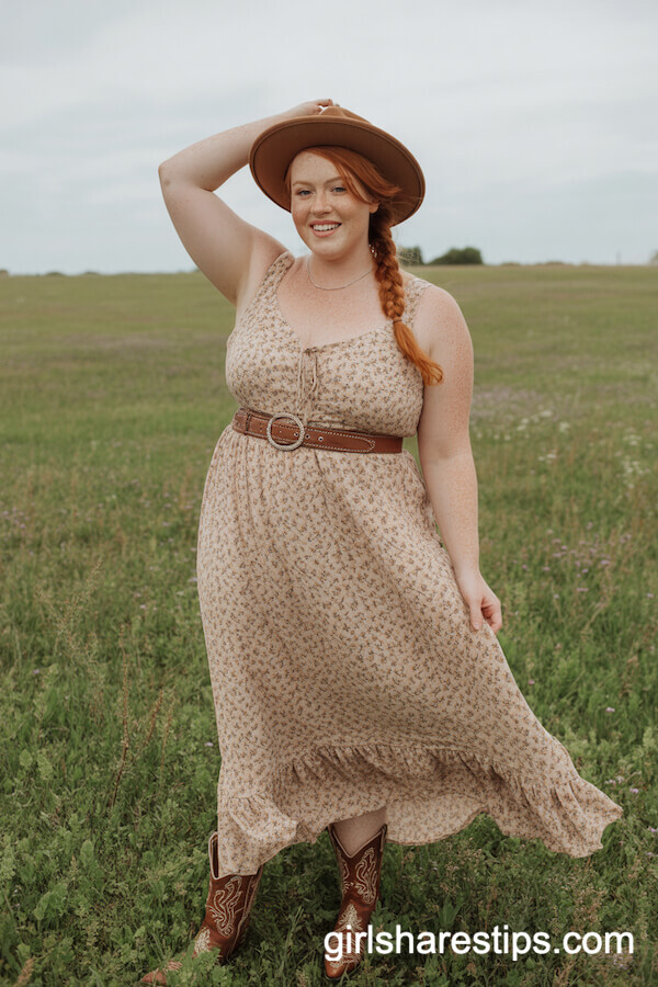Flowy Earth-Toned Floral Maxi Dress with Western Belt and Cowboy Boots