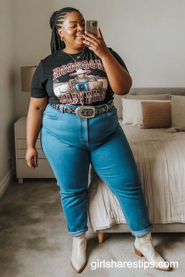 Graphic Rodeo T-Shirt with High-Rise Mom Jeans and White Boots
