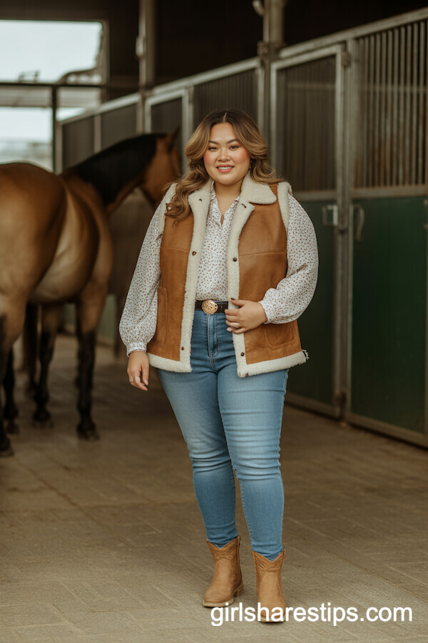 Faux Shearling Western Vest with Boho Blouse and Skinny Jeans