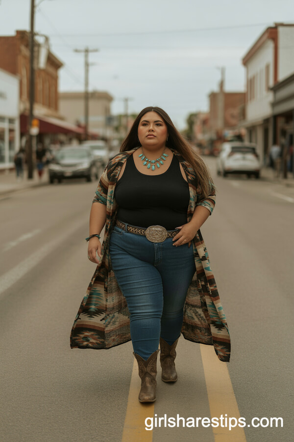 Black Tank Top with Southwestern Duster Cardigan and Western Boots