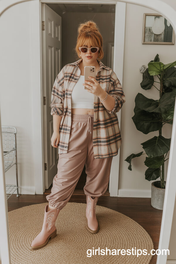 Loose Plaid Shirt with Track Pants and Pastel Cowboy Boots
