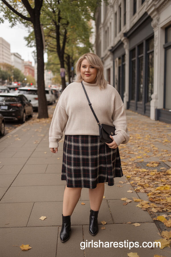 Plaid Skirt and Chunky Knit Sweater