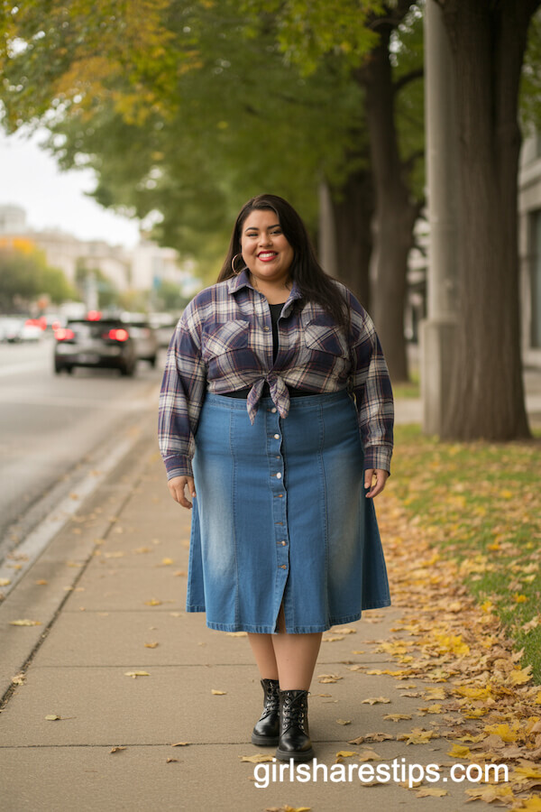Denim Midi Skirt Plaid Flannel