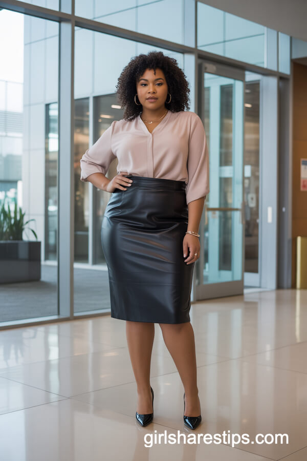 Leather Pencil Skirt and Blush Blouse