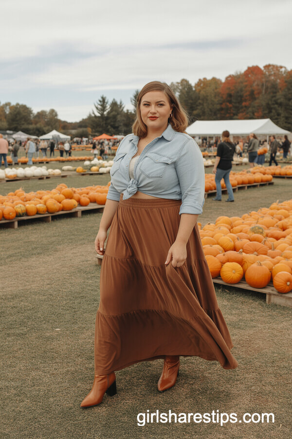 Tiered Maxi Skirt Denim Shirt
