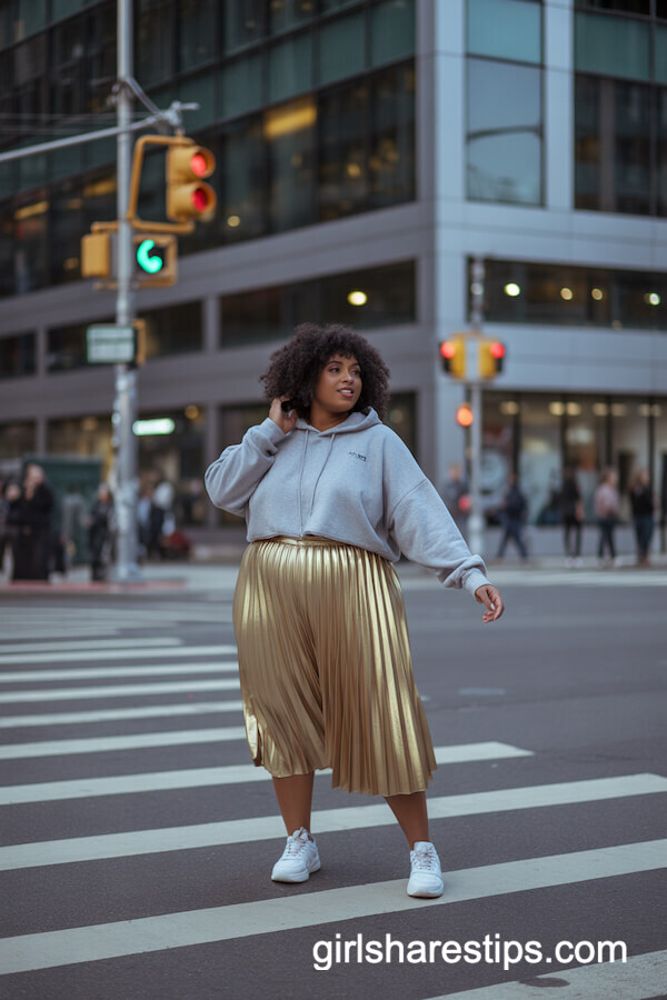 Metallic Pleated Skirt Oversized Hoodie