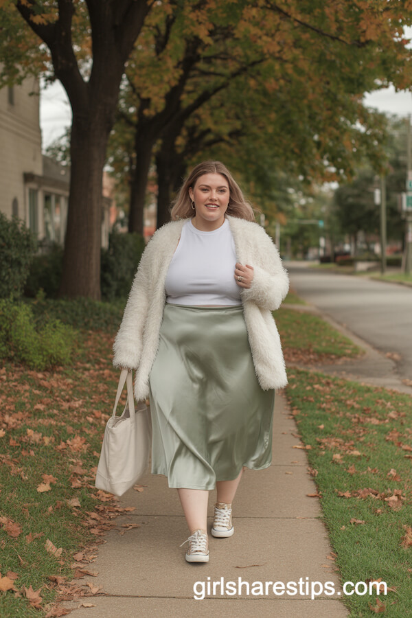 Satin Midi Skirt and Fuzzy Cardigan