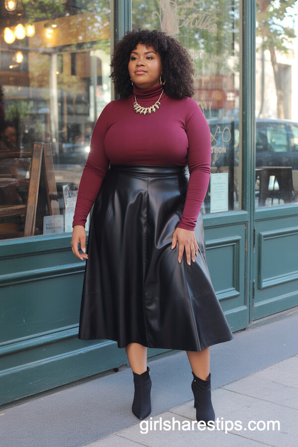 Leather Skirt Burgundy Turtleneck