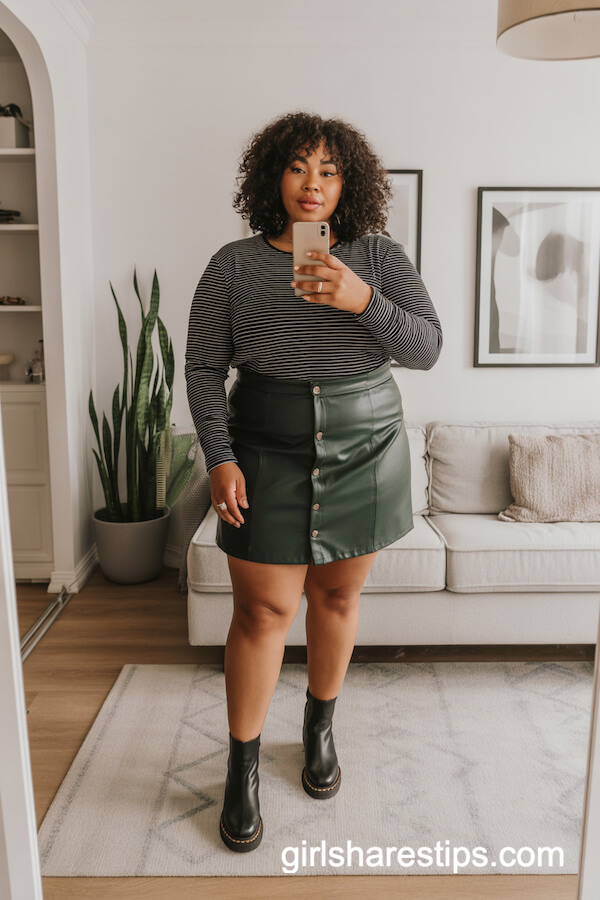 Button-Front Mini Skirt Striped Tee