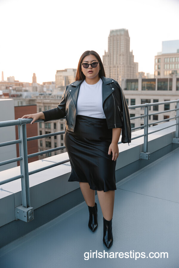 Satin Slip Skirt and Leather Jacket