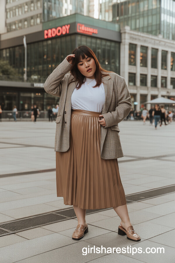 Camel Pleated Skirt Oversized Blazer