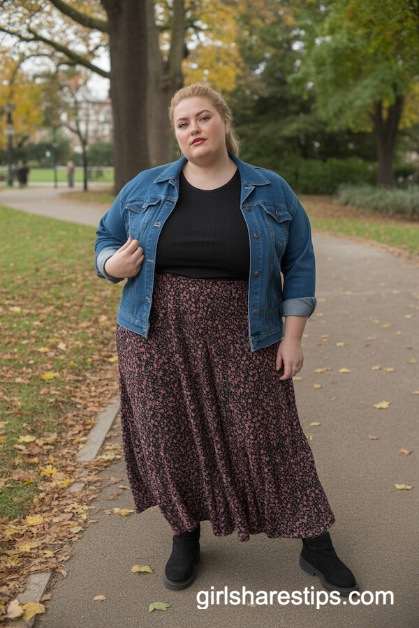 Floral Maxi Skirt and Denim Jacket