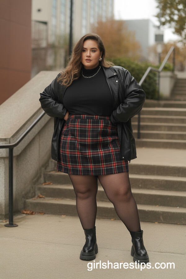 Plaid Mini Skirt and Leather Jacket