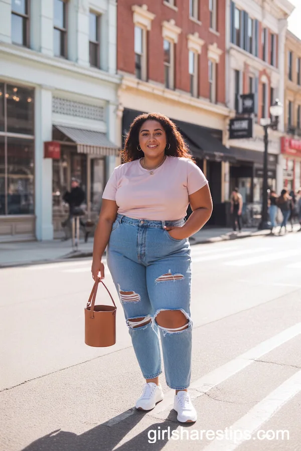 Ripped High-Waist Jeans with Pastel Tee and Sneakers