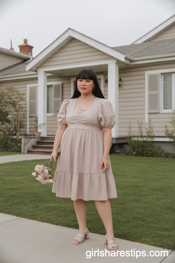 Blush Pink Puff Sleeve Dress with Block Heel Sandals