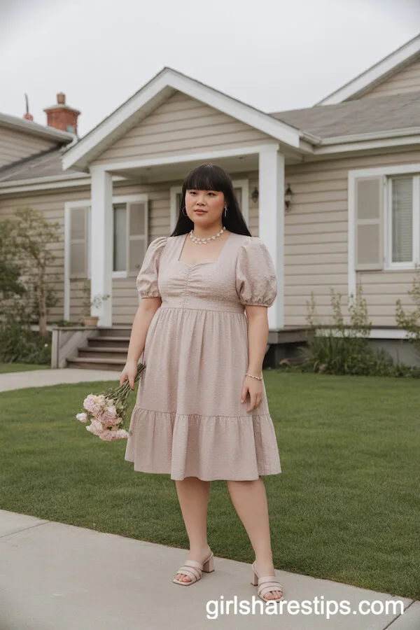 Blush Pink Puff Sleeve Dress with Block Heel Sandals