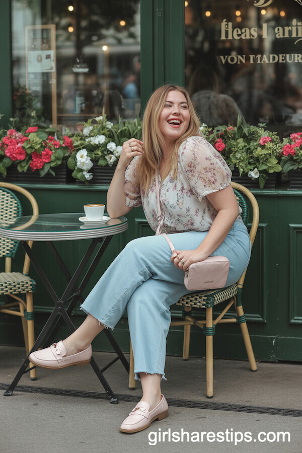 Floral Blouse, Light Wash Jeans, and Pink Loafers Outfit