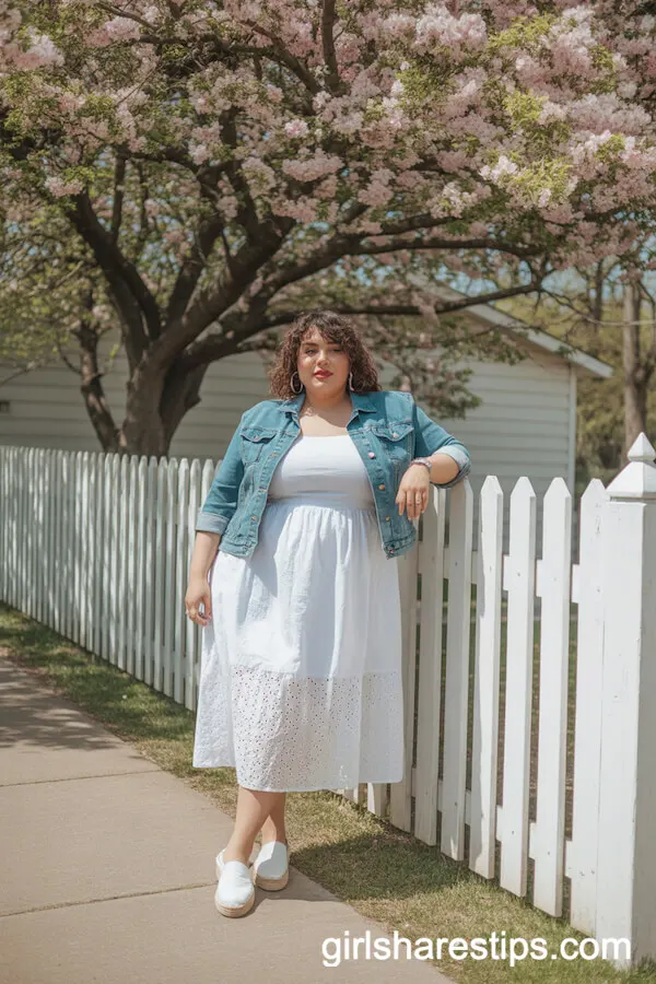 White Eyelet Midi Dress with Denim Jacket and Espadrilles