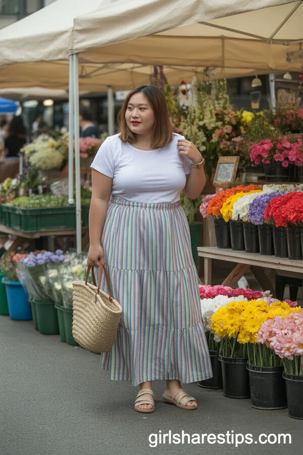 Rainbow Maxi Skirt with White Tee and Straw Tote