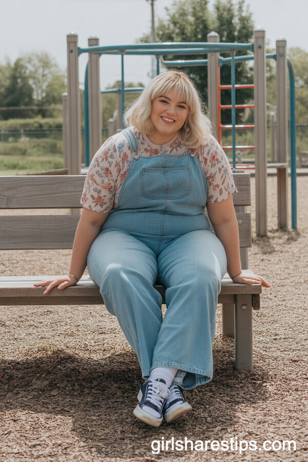 Denim Overalls over Floral Tee with Sneakers