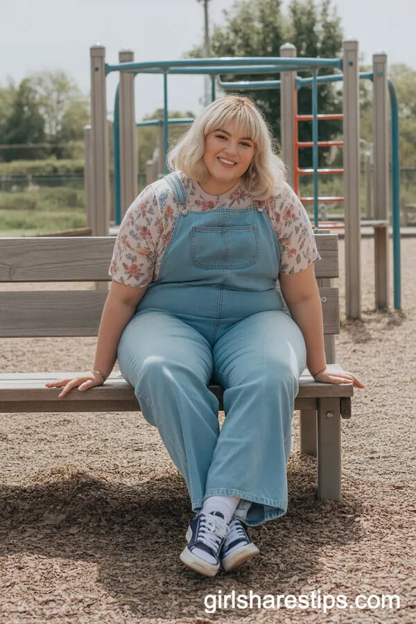 Denim Overalls over Floral Tee with Sneakers