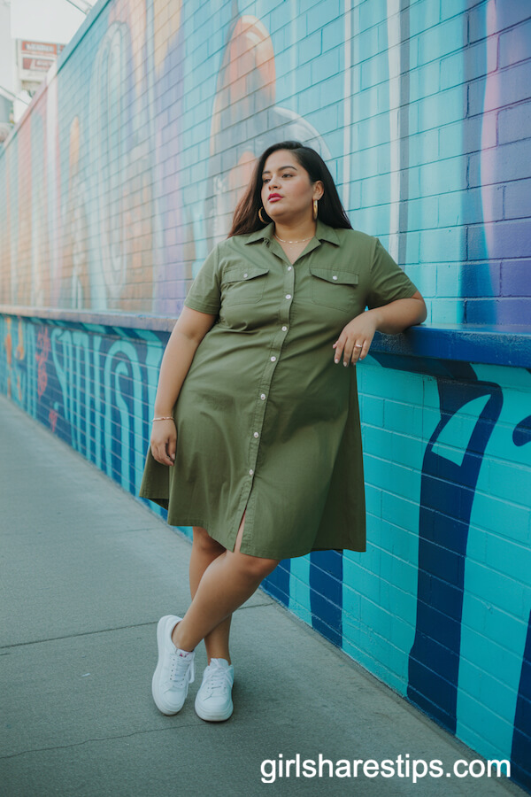 Green Utility Dress with Sneakers and Gold Hoops