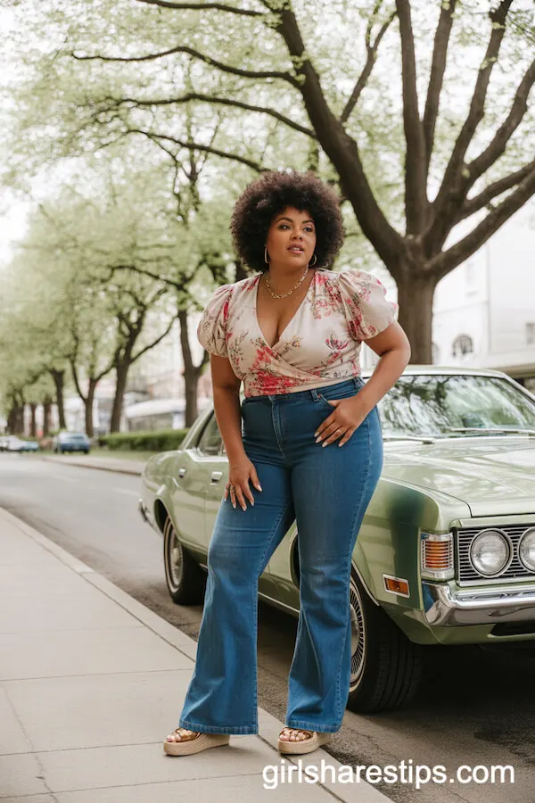 Flared Jeans and Floral Wrap Top with Wedges