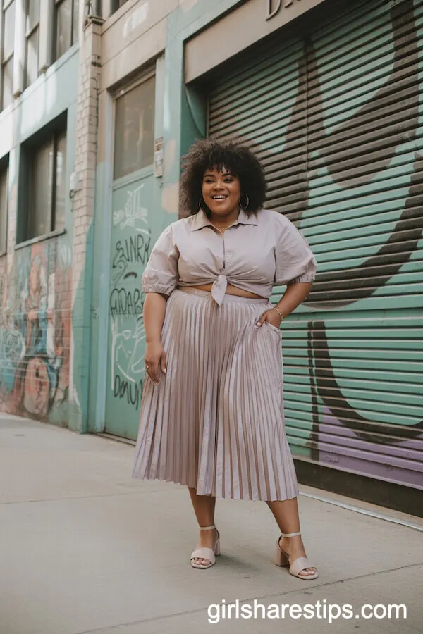Pleated Midi Skirt Simple Blouse Block Heel Sandals