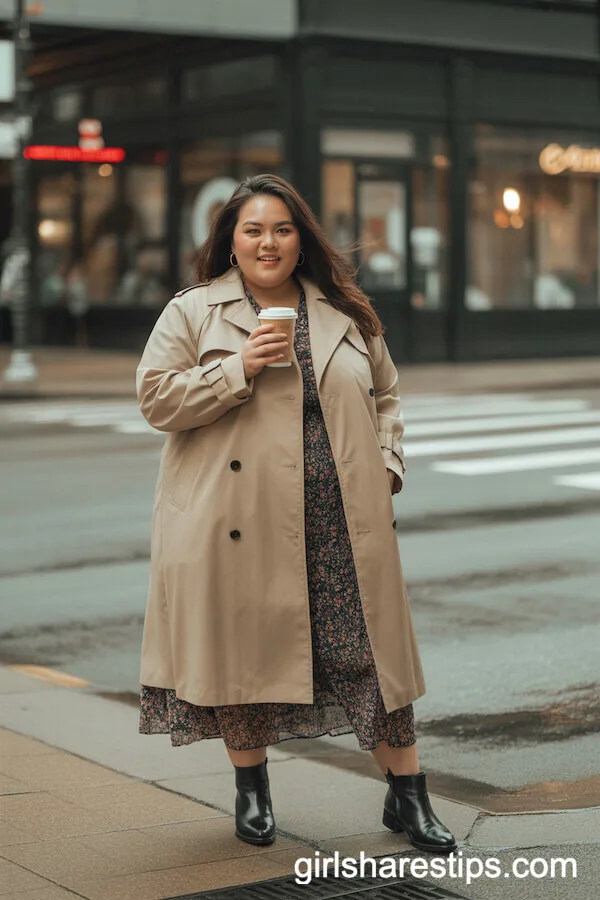 Beige Trench Coat over Floral Dress with Ankle Boots