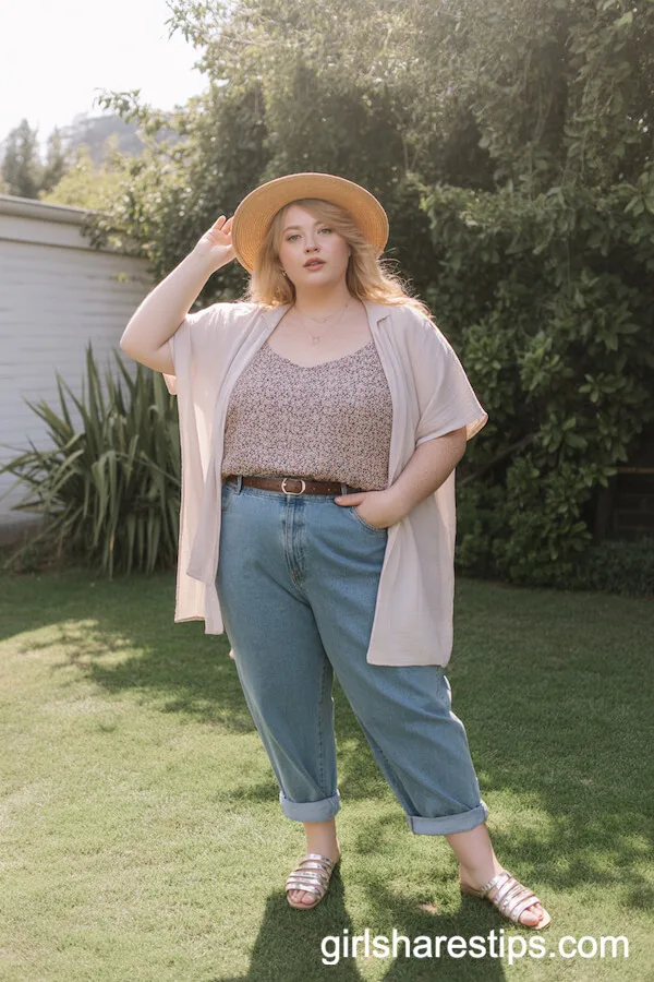 Printed Cami, Open Cardigan, and Boyfriend Jeans Look