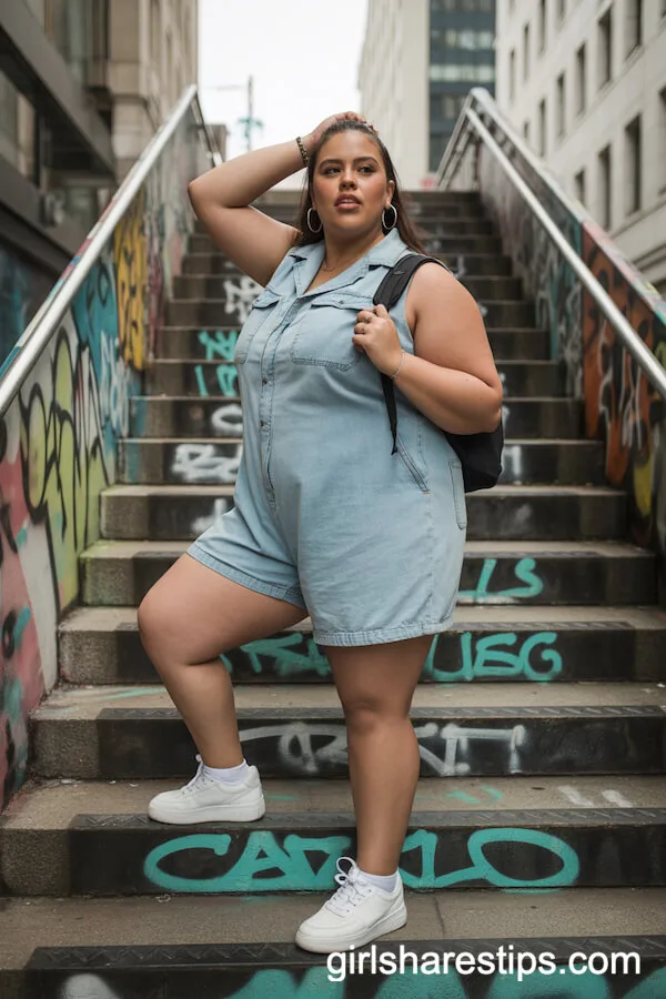 Light Denim Jumpsuit with Trainers and Hoop Earrings