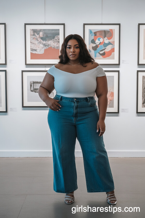 Off-Shoulder White Top High Waist Wide-Leg Jeans