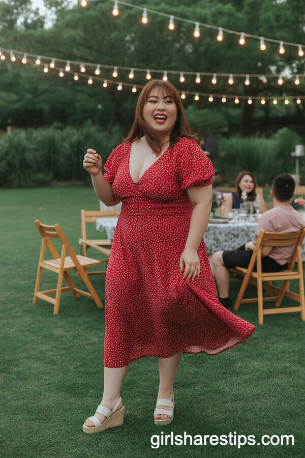 Red Polka Dot Midi Dress with Wedge Sandals