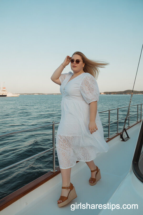 Elegant White Eyelet Dress with Tan Wedge Sandals