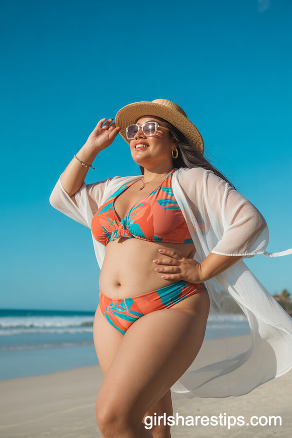 Bold Printed Bikini and Sheer Kimono Cover Up