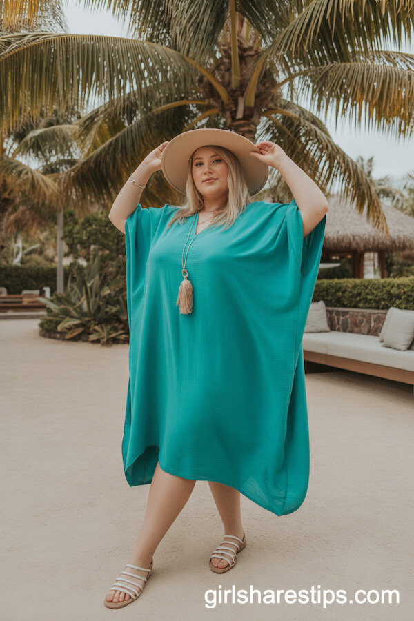 Teal Flowy Kaftan with Strappy Sandals and Floppy Hat