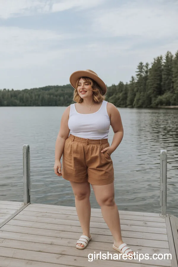 Tan Linen Shorts and White Tank Top with Sun Hat