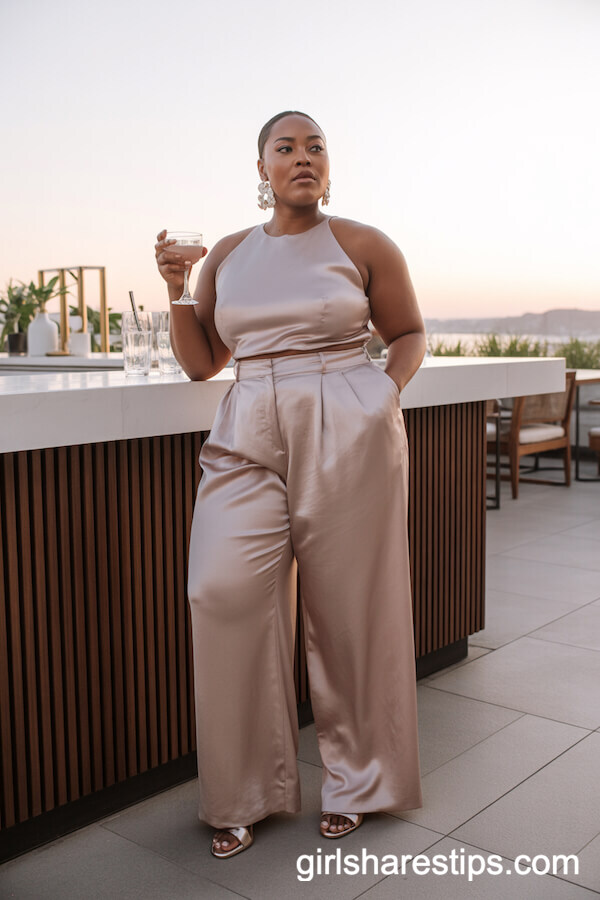 High-Waisted Blush Silk Wide-Leg Pants with Sleeveless Top