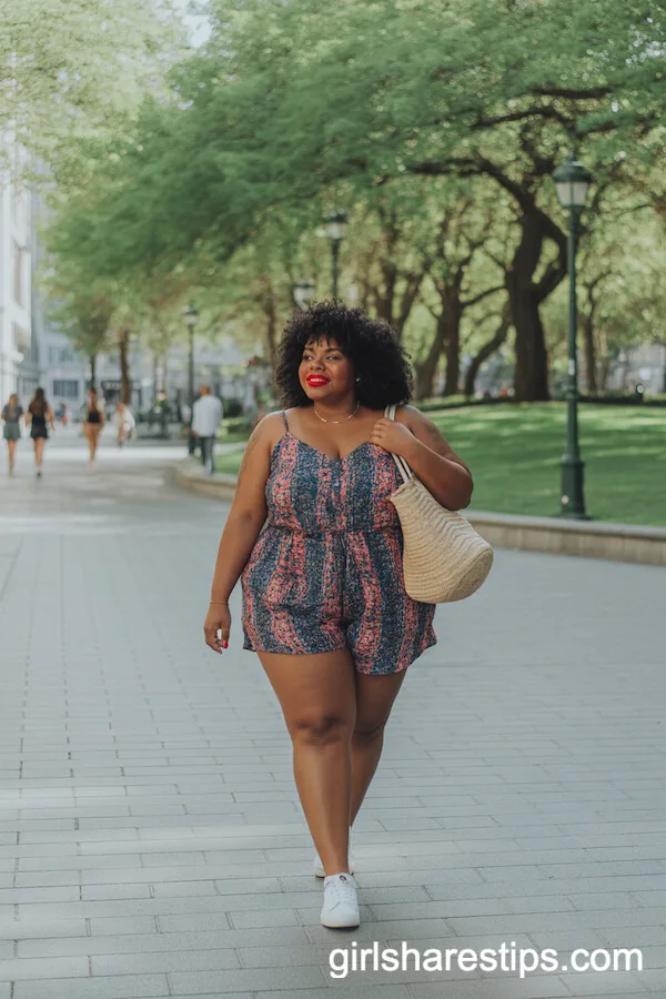 Colorful Romper with White Sneakers and Straw Bag