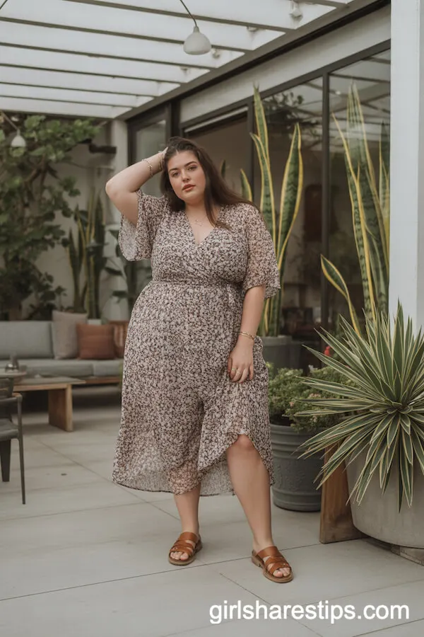 Boho Print Wrap Dress with Brown Sandals