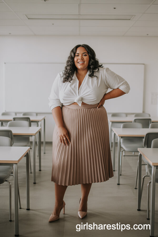 Pleated Midi Skirt with White Blouse and Nude Heels
