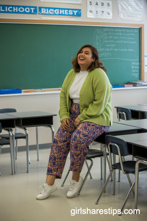 Bright Green Cardigan with Bold Patterned Trousers