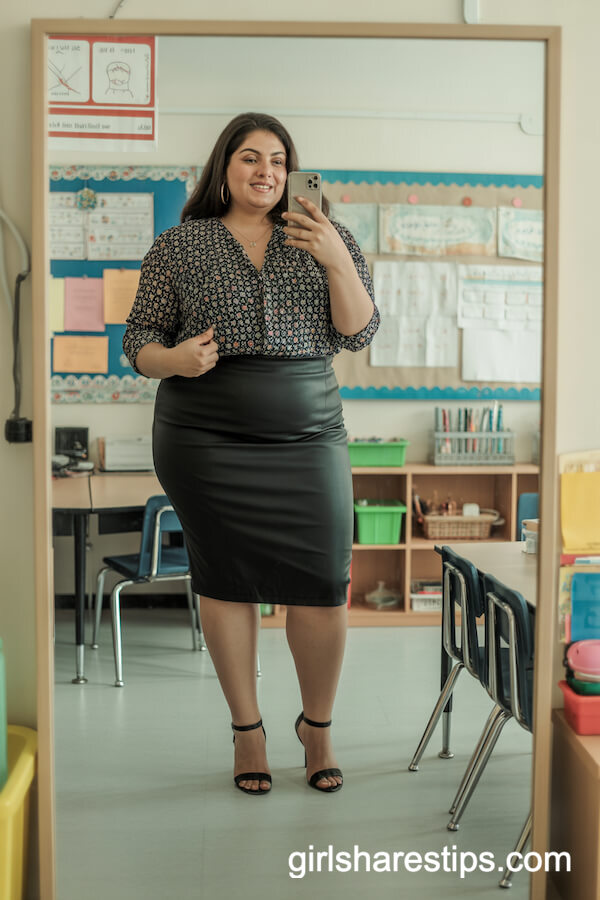 Black Pencil Skirt with Patterned Blouse and Sandals