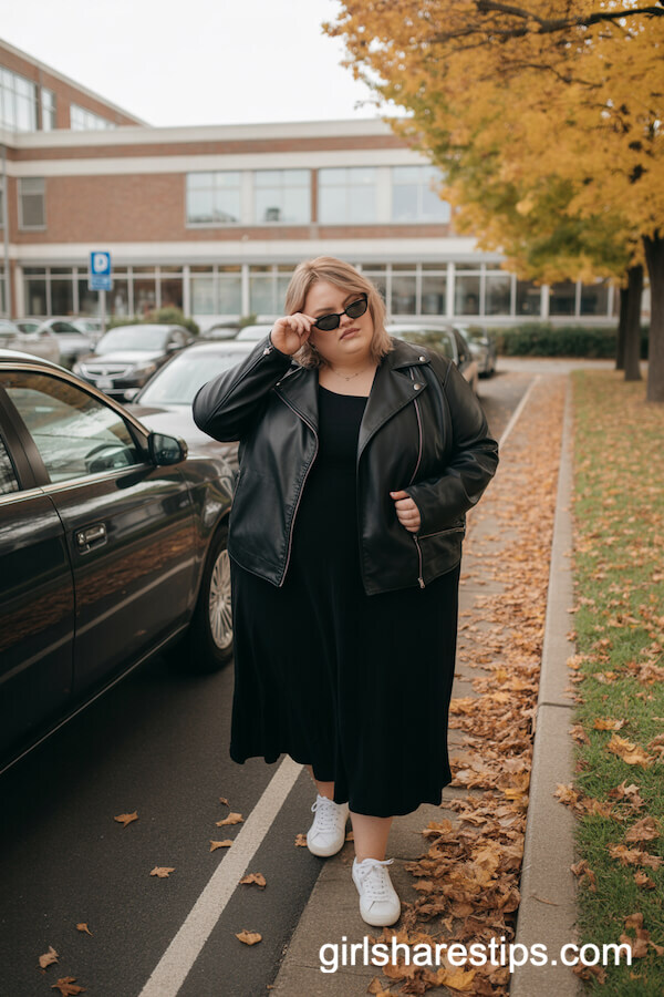 Black Leather Jacket with Black Midi Dress