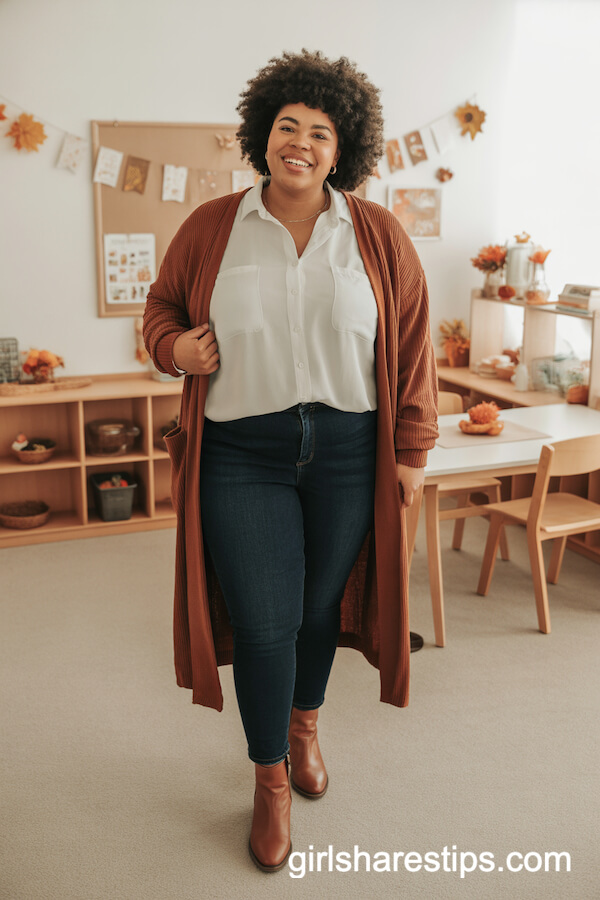 Rust-Colored Cardigan with White Button-Down Shirt